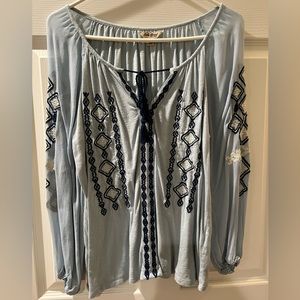 Lucky Brand Blue Blouse with Embroidered Detailing and Sheer Sleeves (M)